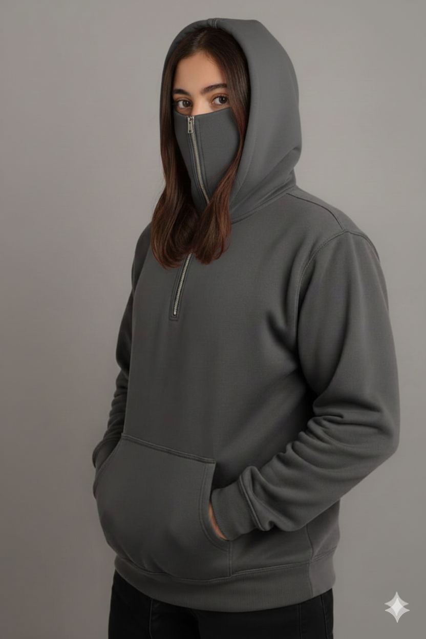 Balaclava Ninja half Zipper Hoodie grey
