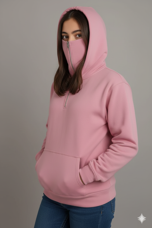 Balaclava Ninja half Zipper Hoodie Pink