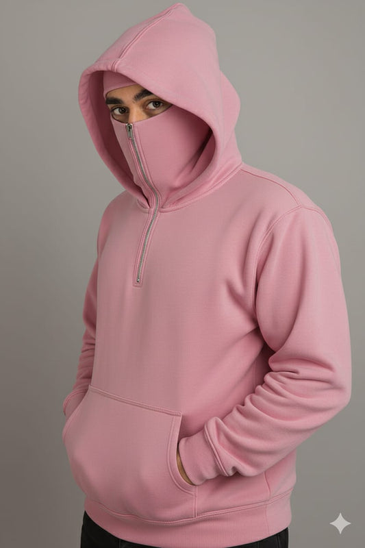 Pink Half Zipper Balaclava Pull Over Hoodie