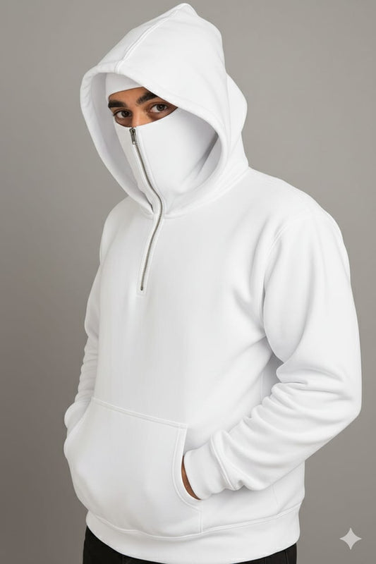 White Half Zipper Balaclava Pull Over Hoodie